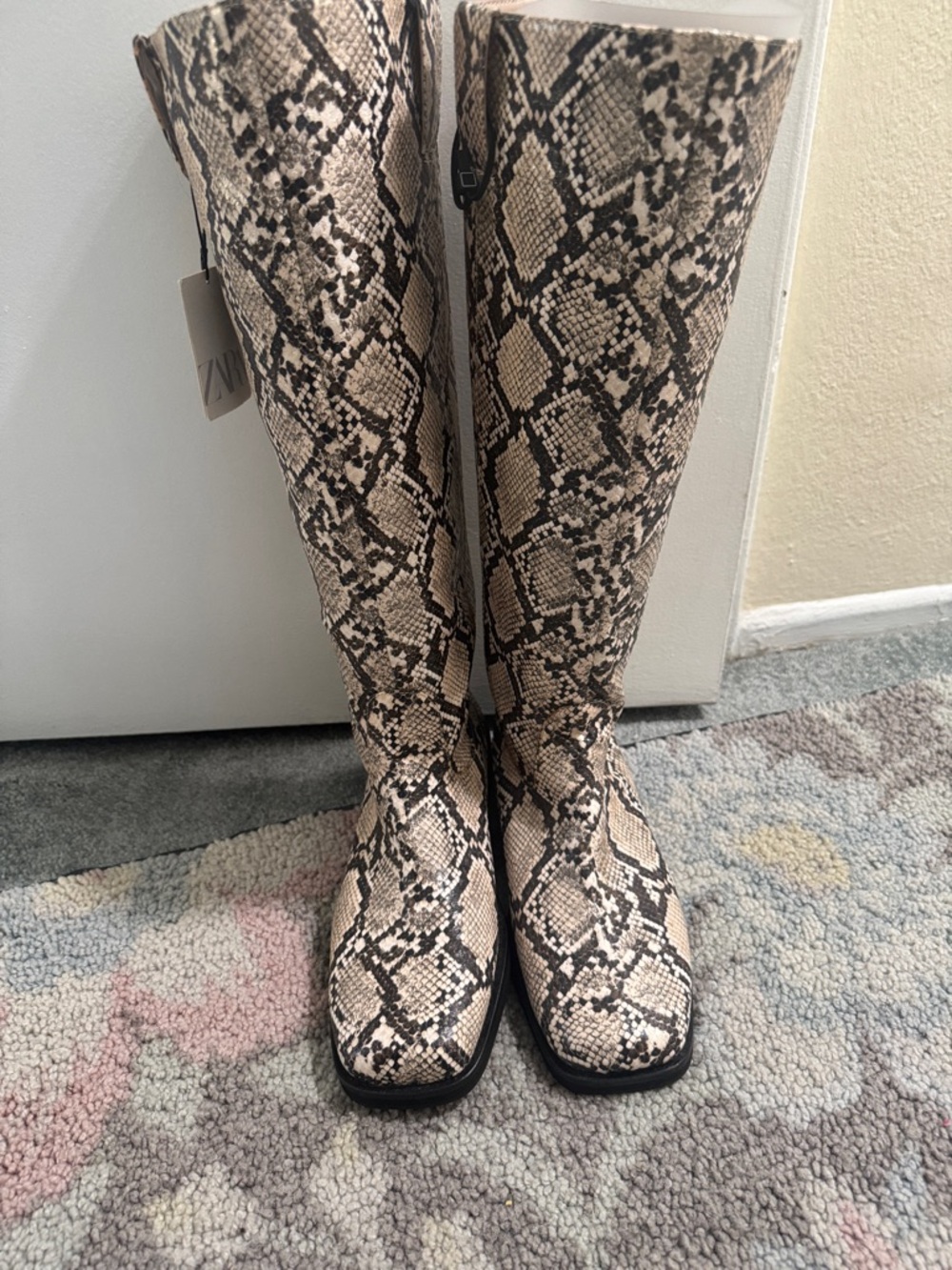 ZARA Beige and Black Snake-Print Over-the-Knee Boots